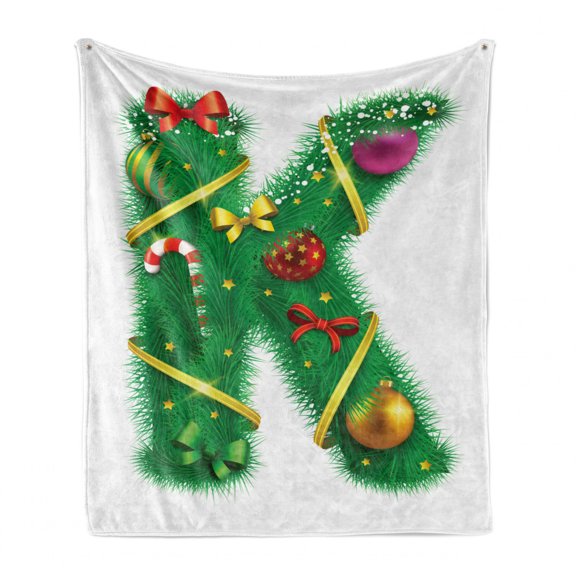 Christmas Alphabet Soft Flannel Fleece Blanket, Letter of K Holiday Baubles Ornaments Ribbons Stars Illustration Print, Cozy Plush for Indoor and Outdoor Use, 70" x 90", White Green, by Ambesonne