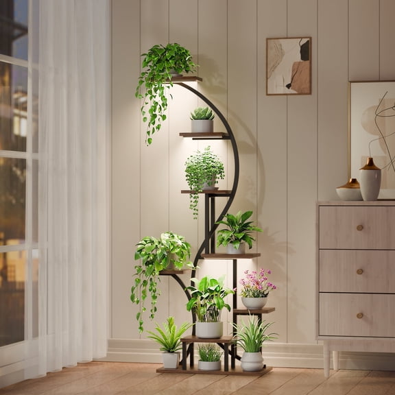 Plant Stand Indoor with Grow Lights - 8 Tier Corner Plant Shelf , 65'' Lighted Plant Rack, S-Shaped Metal Plant Holder