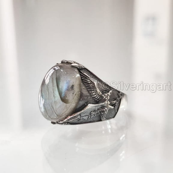 Labradorite Mans Ring, Natural Blue Fire Labradorite, Eagle Ring, Silver Jewelry, 925 Silver Ring, Birthday Gift, Heavy Men Ring, Arabic Design, Ottoman Style Ring, Christmas, Turkey Mens Signet Ring
