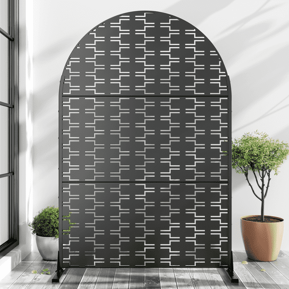 MAYEERTY 72 × 47in Arched Outdoor Privacy Screen with Stand Metal Patio Decorative Screen, Black