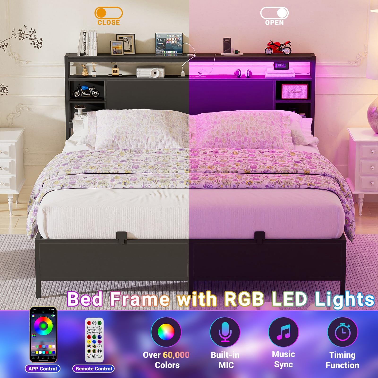 Aheaplus Full Size Bed Frame with Charging Station and RGB LED Lights, Sturdy Platform Bed with Storage Headboard, Solid Metal Slats, Noise Free, No Box Spring Needed, Easy Assembly,Black