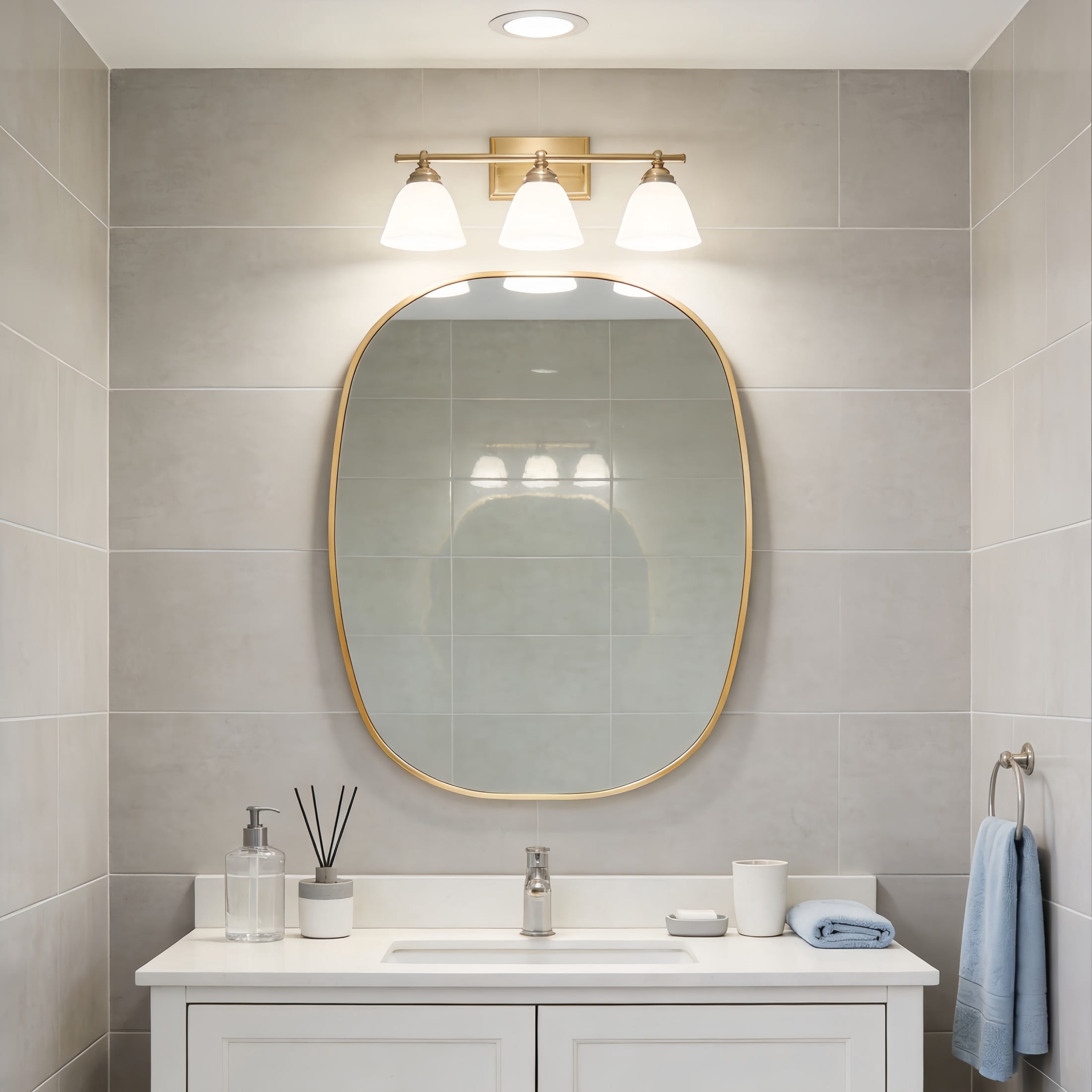 Noble House 24"x32" Unique Metal Framed Oval Wall Mirror, Modern Oblong Vanity Mirror for Bathroom & Entryway, Gold