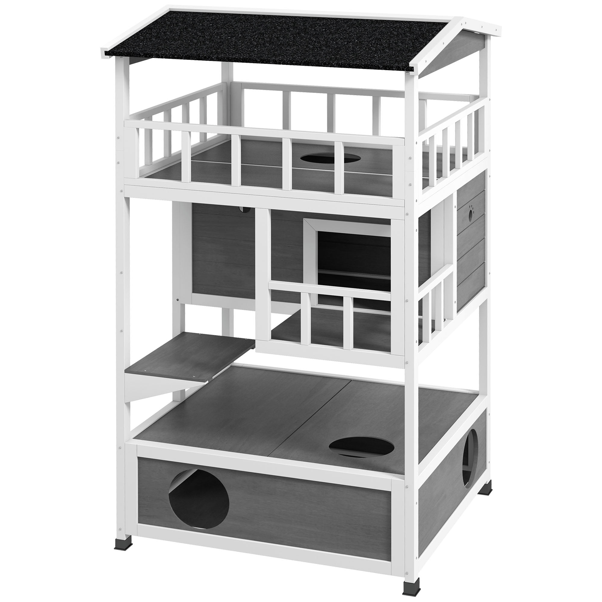 Wooden Outdoor Cat House, Feral Cat Shelter Kitten Condo with Asphalt Roof, Escape Doors, Condo, Jumping Platform, Light Gray