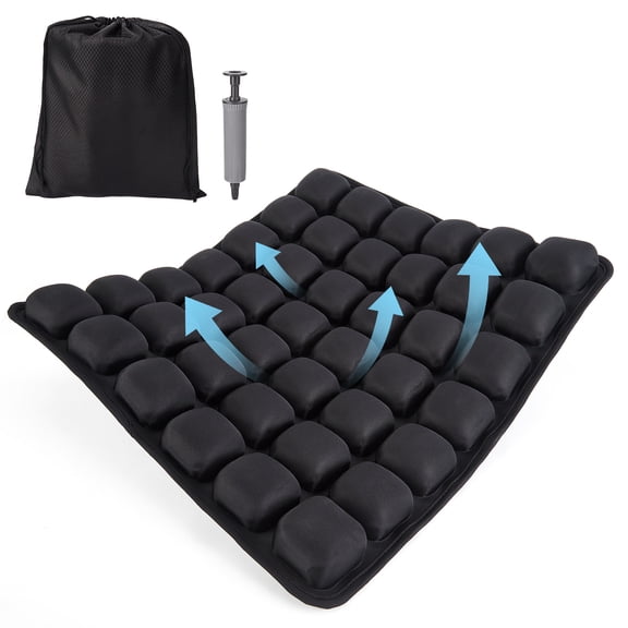 Pressure Relief Ergonomic 3D Air Cushion Seat, 42 Inflatable Air Cells Breathable Lycra TPU Comfort Pad with Pump and Storage Bag for Office Chair Car Wheelchair Black