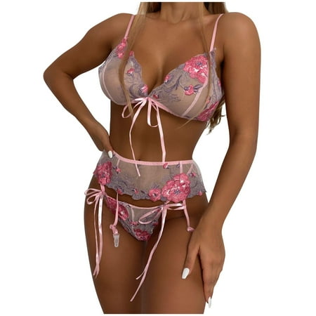 

Zerlibeaful Lingerie for Women 3PCS Bra Garter Belt Bow Tie Sleepwear Underwear Flower Embroidery
