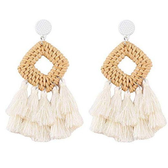 Pendientes de ratán bohemio clásico Geométrico Hecho a mano Hoop Hoop Moda Atractiva Oreja Colgantes para Mujeres Chicas Blanco 2 Paquetes Monstrate AP008668-04B