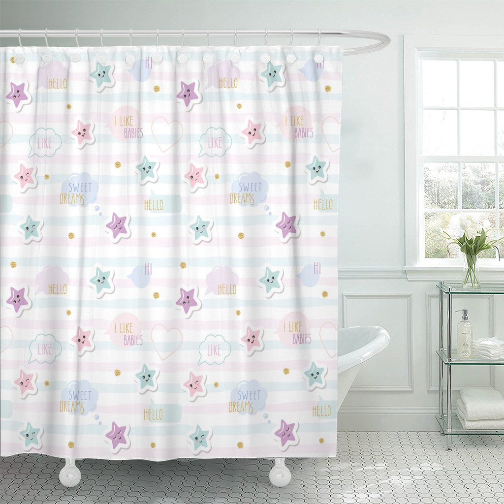 PKNMT Kawaii Pattern Cute Cartoon Stars and Speech Bubbles Polyester Shower Curtain 60x72 inches