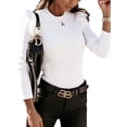 thumbnail image 4 of Women’s Knit Tops Ruffle Trim Long Sleeve Crew Neck Solid Color Slim Fit Blouse, 4 of 8