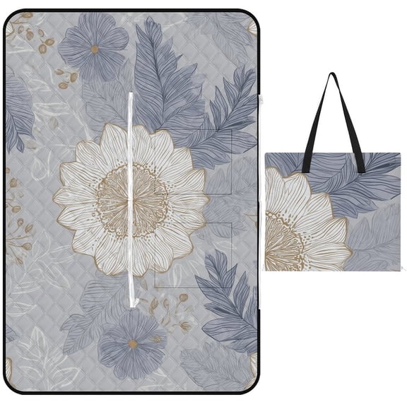 Elegant Floral Gray Blue Gold Pattern Outdoor Picnic Blanket, Foldable Waterproof Beach Mat, Portable Beach Blanket for Beach Camping, Hiking, Family Concerts