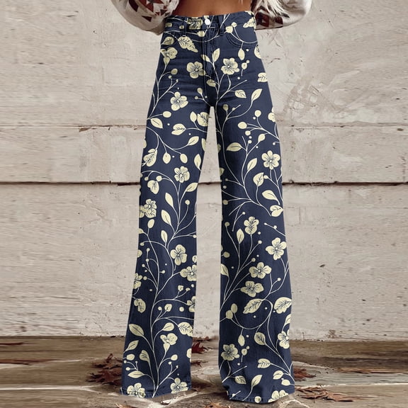 Xdegoge Dainty Floral Wide Leg Jeans for Women High Waisted Relaxed Fit Botanical Trousers Comfy Stretchy Flattering Pants Everyday Outing Y2K Retro Denim Bottoms