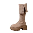 thumbnail image 2 of Women Platform Knee‑High Boots, Suede Fold‑Over Tall Boots with Metal Buckle Strap, Round‑Toe Chunky Block Heel Lug Sole Winter Boots, 2 of 7