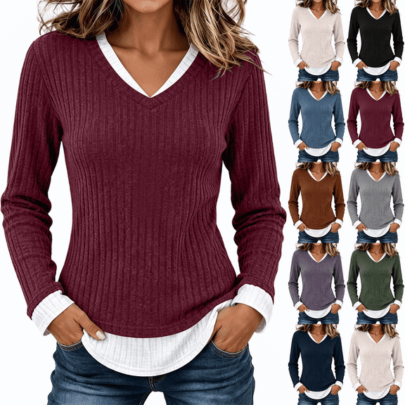 Women's Casual 2 in 1 Pullover Long Sleeve Layered Shirts V Neck Solid Color Blouse Fall Fashion Outfits