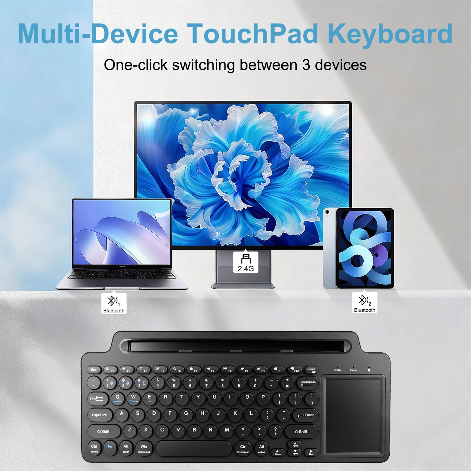 2.4G Wireless Keyboard with Touchpad, Multi-Device Bluetooth Keyboard with Built-in Cradle, Portable Computer Keyboard Quiet Computer Keyboard with Multimedia Keys for PC Computer Tablet Laptop
