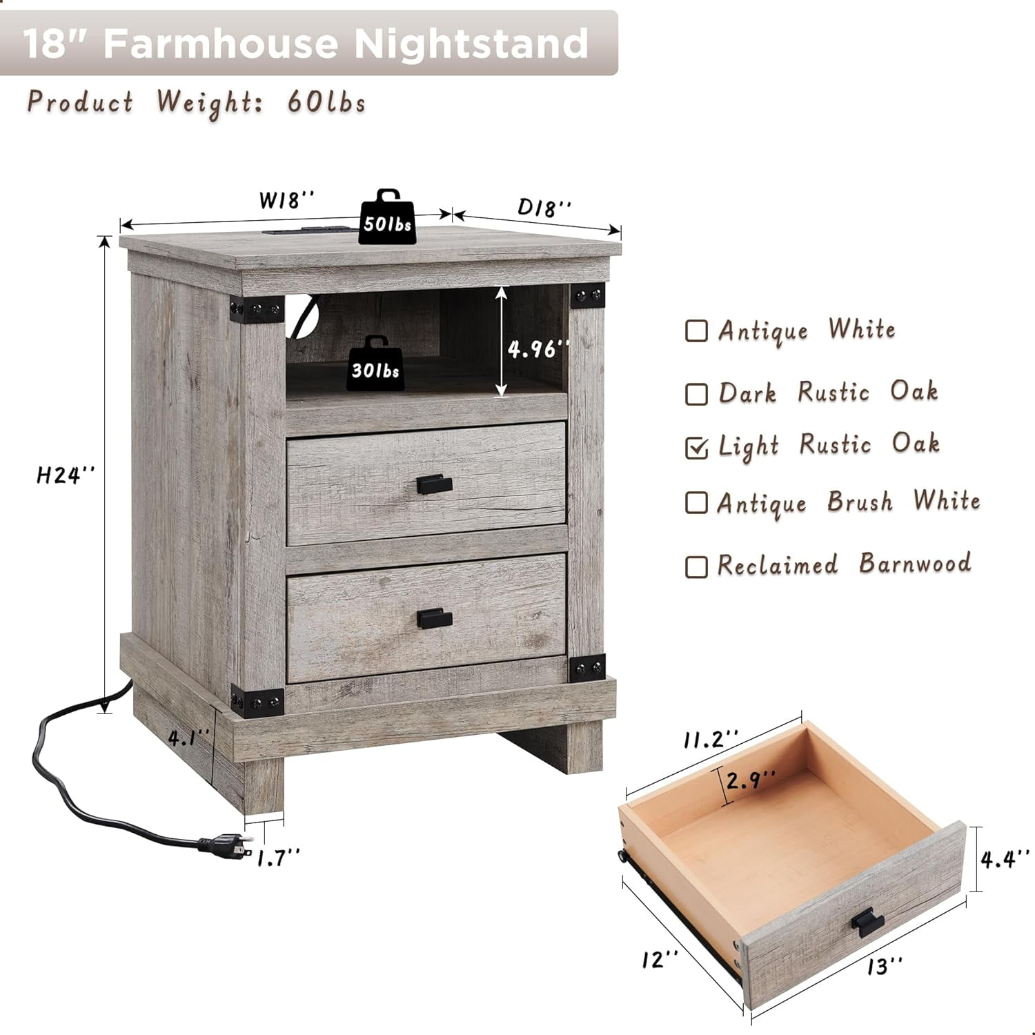 OKD Farmhouse 18" Nightstand with Charging Station, Rustic Metal Wood End Tables with Adjustable Shelves, End Tables，Light Rustic Oak