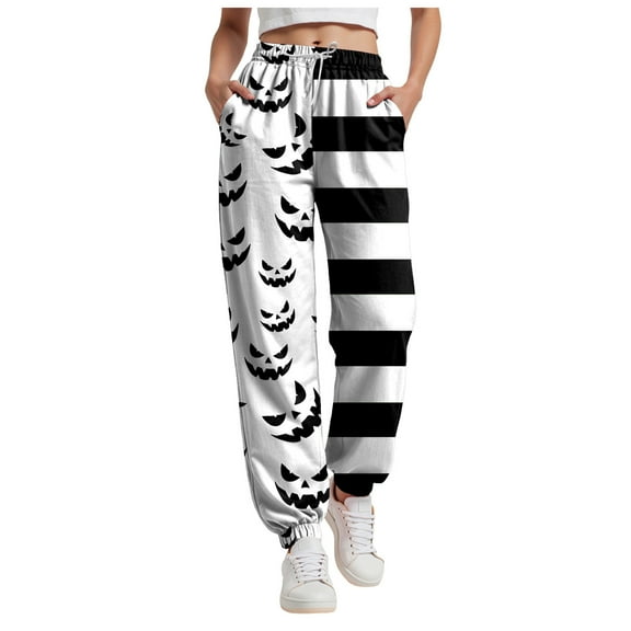 felwors Women's Halloween Pumpkin & Striped Print Casual Jogger Pants White, L