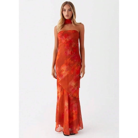 Orange-Red Floral Print Halter Neck Strapless Maxi Dress With Choker Detail And Mermaid Hem