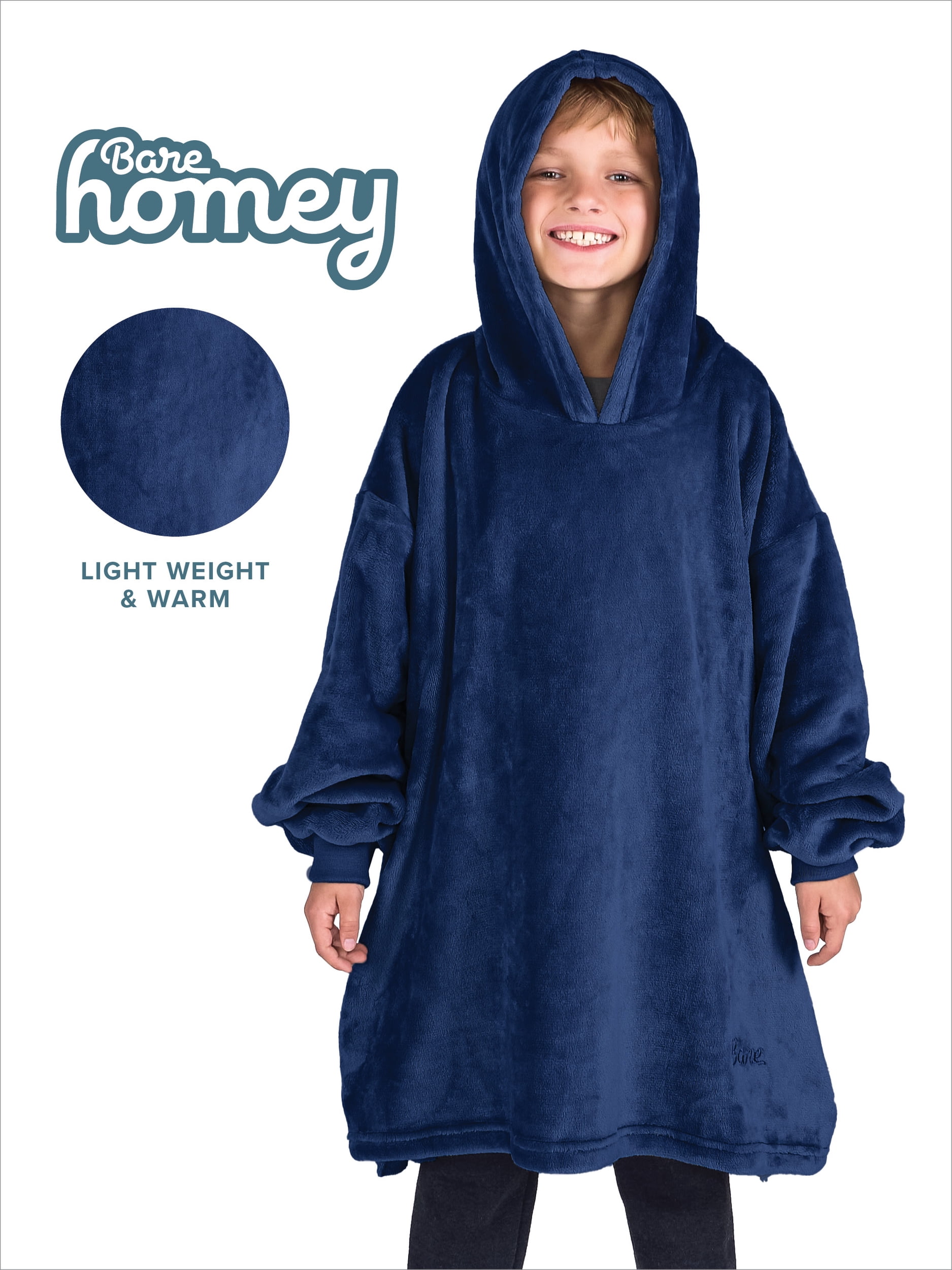Bare Homey Kids Size Microplush Wearable Blanket - Side Pockets - Warm - Velvety Soft, Dark Blue