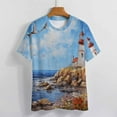 thumbnail image 3 of Lighthouse Sunrise Coast Scenery Pale Blue Tan Women's T-Shirt Short Sleeve T Shirts Tops Tee Ladies Loose T, 3 of 6