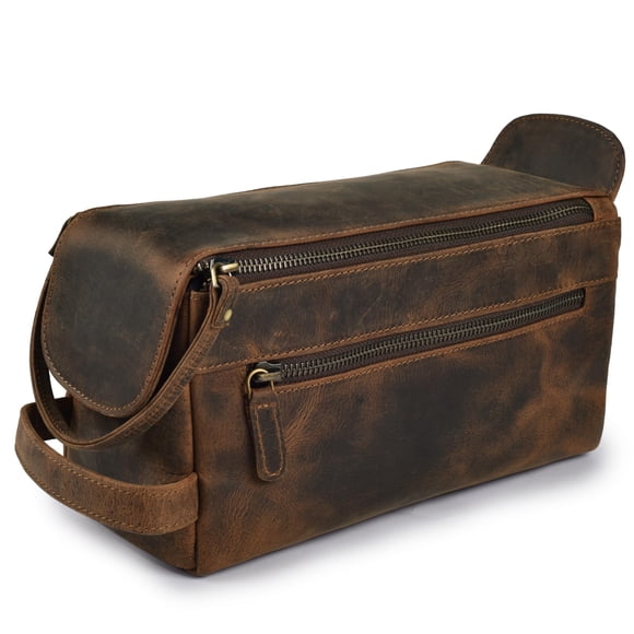 LEATHER VILLAGE Trousse de Toilette de Voyage en Cuir Premium - Kit de Voyage Unisexe Résistant à l'Eau, Organisateur de Rasage et Cosmétiques pour Hommes et Femmes - Essentiels de Salle de Bain Compacts - Style Rustique