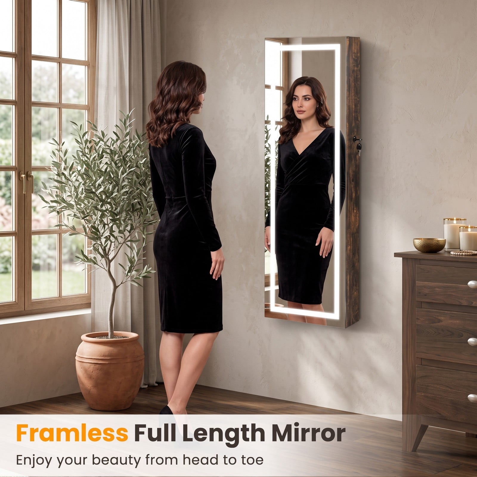 Furnibear 42.5 Inch Lockable Wall and Door Mounted Jewelry Cabinet with Full-Length Mirror and 3-Color LED Lights, Rustic Brown