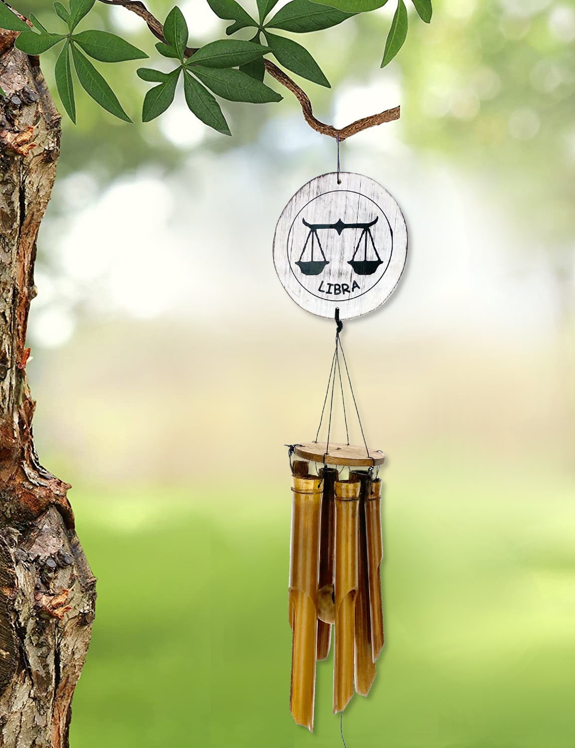 Zodiac Libra Bamboo Wind Chime - 41" Indoor Outdoor Hanging Home Décor