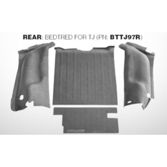 Fits 1997-2006 Jeep Wrangler TJ BedRug Carpet BTTJ97R BedTred Pro; Direct-Fit; 4 Piece Foot Wells/Cargo Floor/Tub/Tailgate Coverage; Dark Gray; Thermoplastic Olefin Bonded to Closed Cell Foam