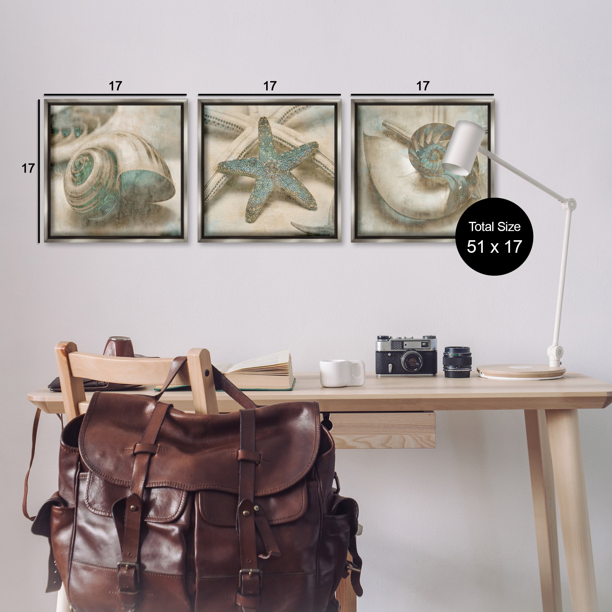 Stupell Industries Starfish & Sea Shells Distressed Nature Painting Gray Floater Framed Canvas Art Print Wall Art, 18 x 18, Set of 3