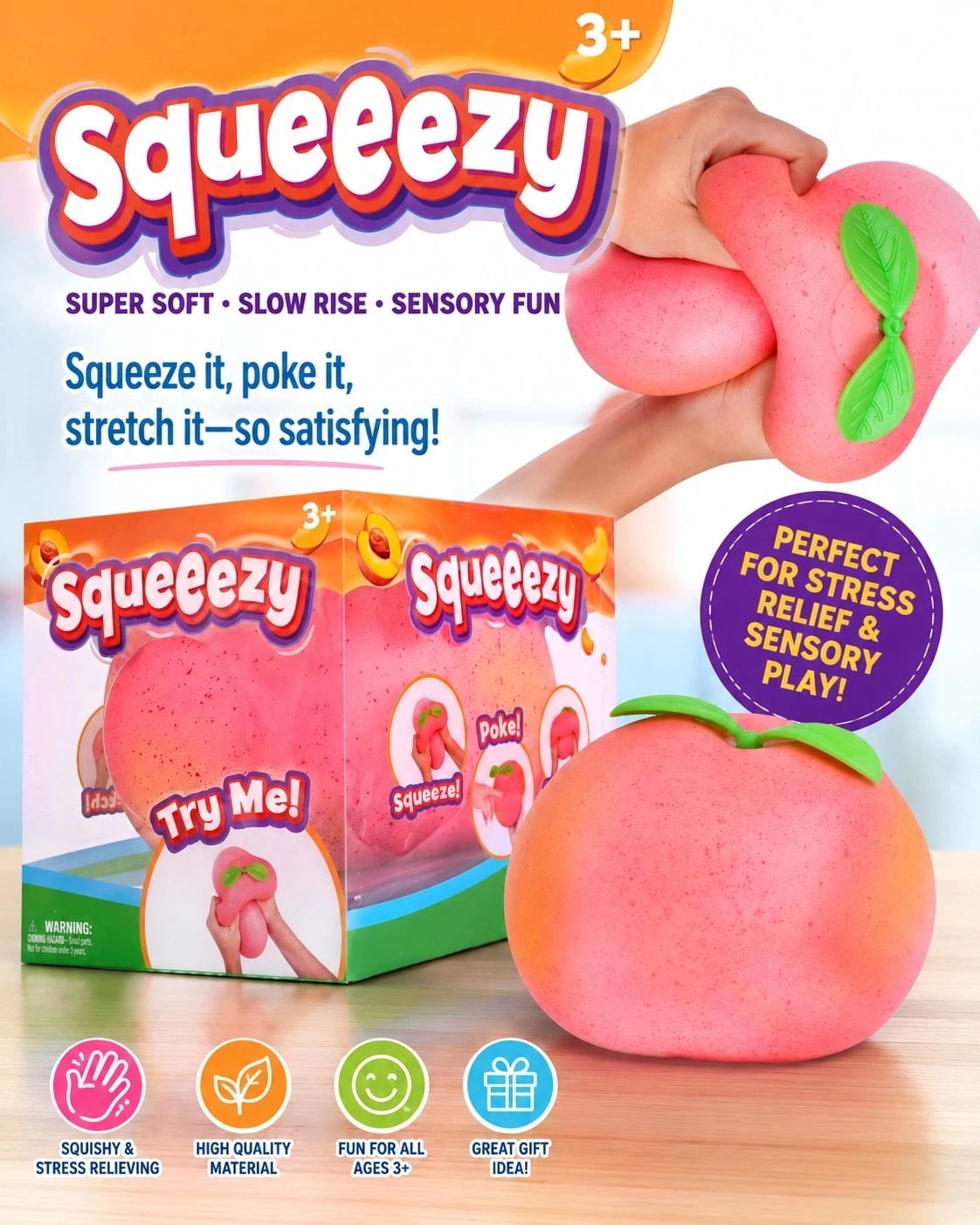 Sunny Days Jumbo Squeezy Peach Viral Squeezy Peach, Stress Relief Sensory Fun