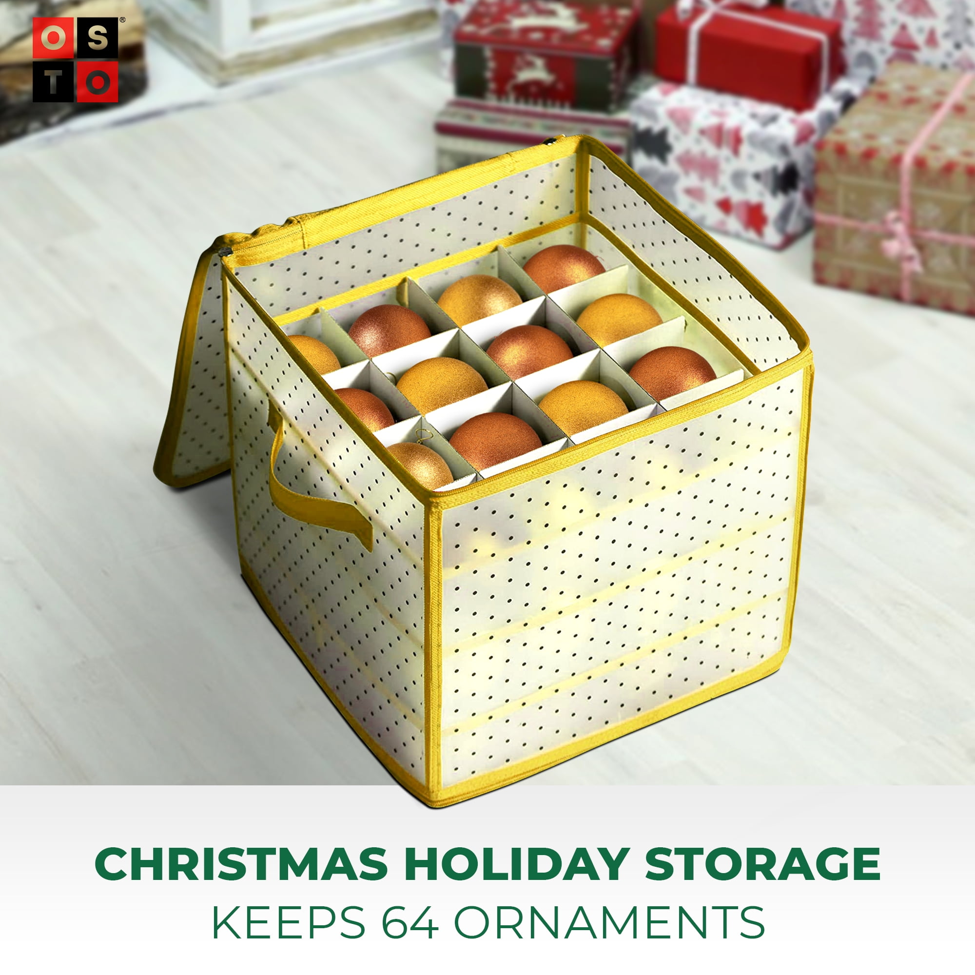  Christmas Ornament Storage Box, Plastic Xmas Holiday Ornament  Storage Container with Dividers, Zippered Closure, Holds up to 64 Ornaments  Balls : Home & Kitchen