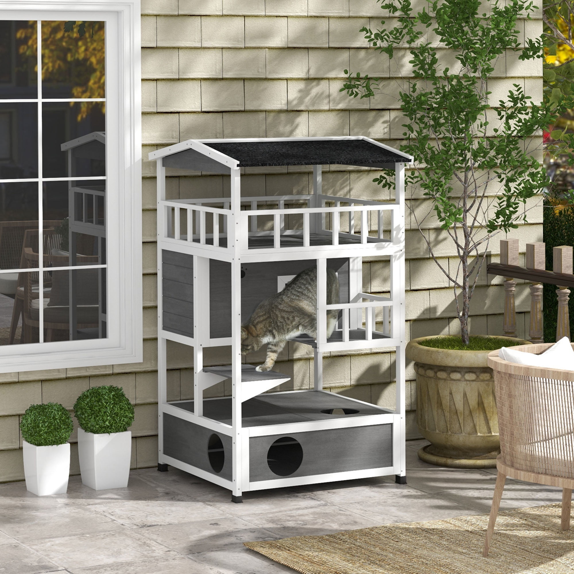 Wooden Outdoor Cat House, Feral Cat Shelter Kitten Condo with Asphalt Roof, Escape Doors, Condo, Jumping Platform, Light Gray