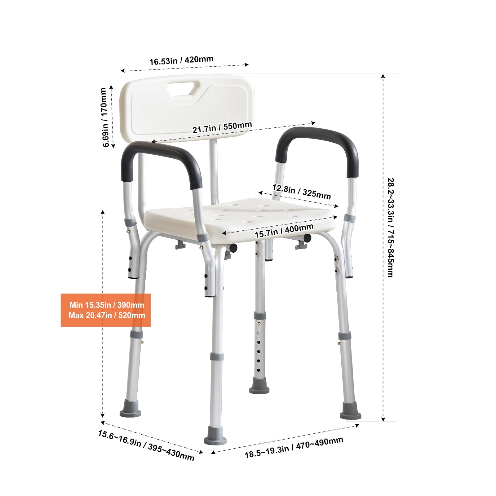 KFFKFF Shower Chair Bath Bench Seat Stool with Back Arms Adjustable Height 350lbs