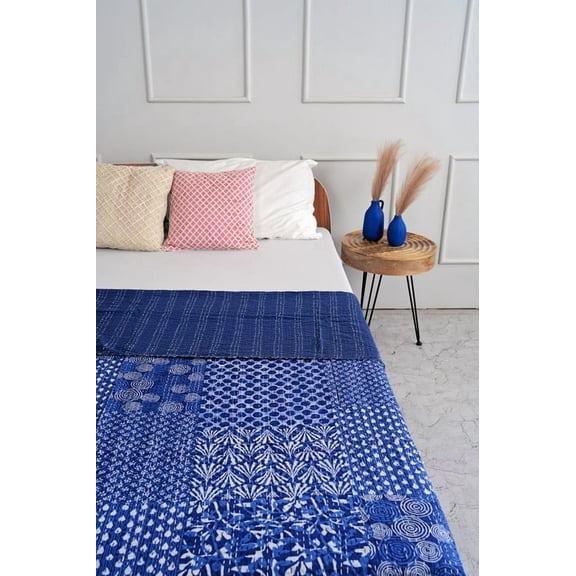 Blue Patchwork Field Cotton Queen Kantha Quilt
