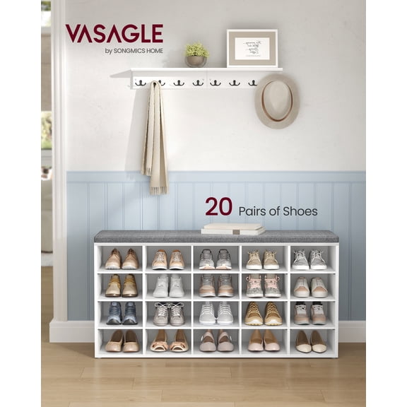 Shoe Storage Bench, Entryway Bench with 20 Compartments & Padded Seat, 300 lb Capacity for Bedroom, Cloud White & Gray