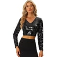 thumbnail image 1 of Top Corto con Lentejuelas para Mujer de Manga Larga con Cuello en V Blusa Corta de Color Brillante para Fiestas Negro M, 1 of 5