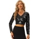 thumbnail image 1 of Top Corto con Lentejuelas para Mujer de Manga Larga con Cuello en V Blusa Corta de Color Brillante para Fiestas Negro M, 1 of 5