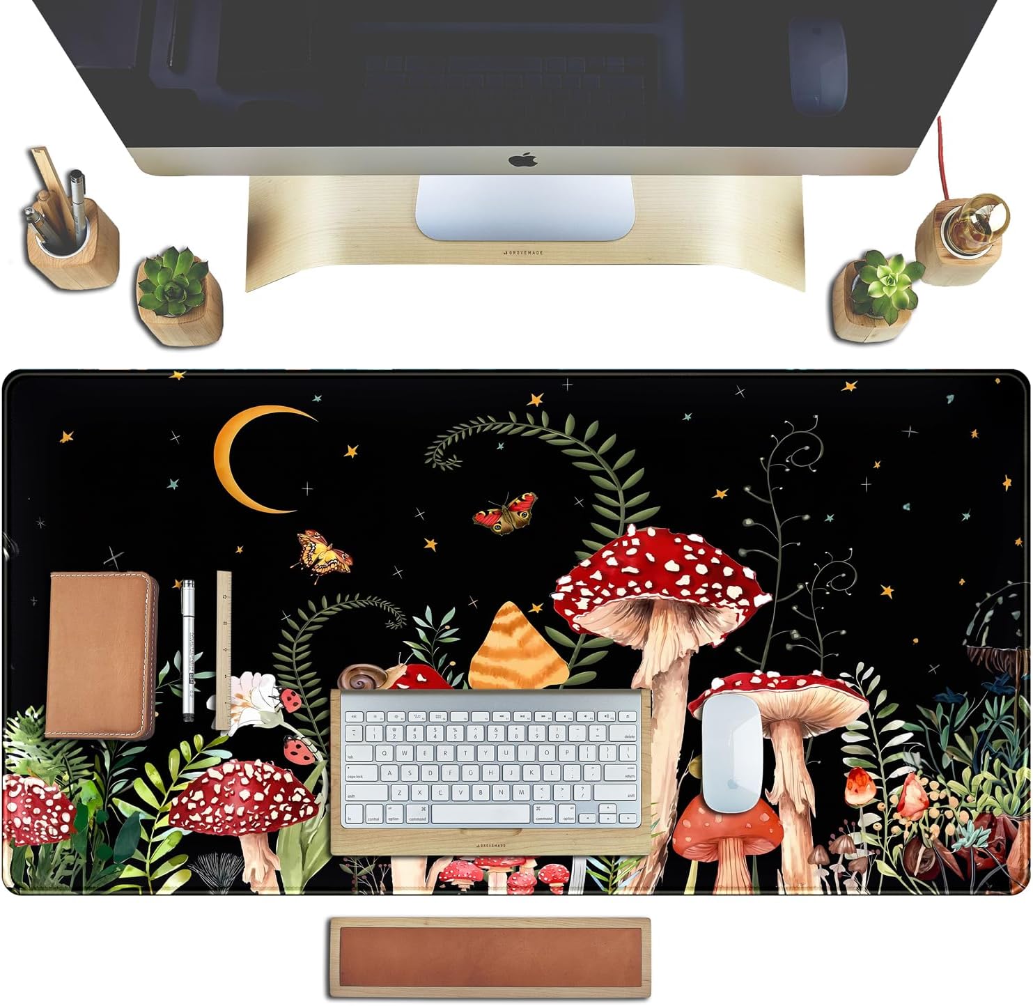 Ferns Leaves Cute Mushrooms Desk Mat Kawaii Green Plants Mouse Pad Xl Mat Large Gaming Desk Pad For Desk Decor Laptop Computer Keyboard Pad Desk Home Office For Women With Stitched Rounds 31.5x15.7 I