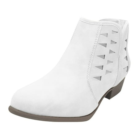 Womens Slip On Ankle Boots V Cutout Pointed Toe Chunky Stacked Mid Heel Booties Womens Booties