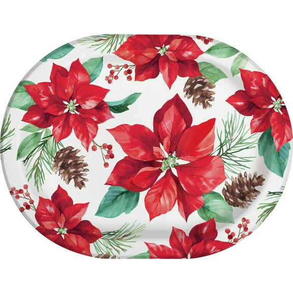 Poinsettia Perfection 12-inch Oval Paper Plates 8 Per Pack