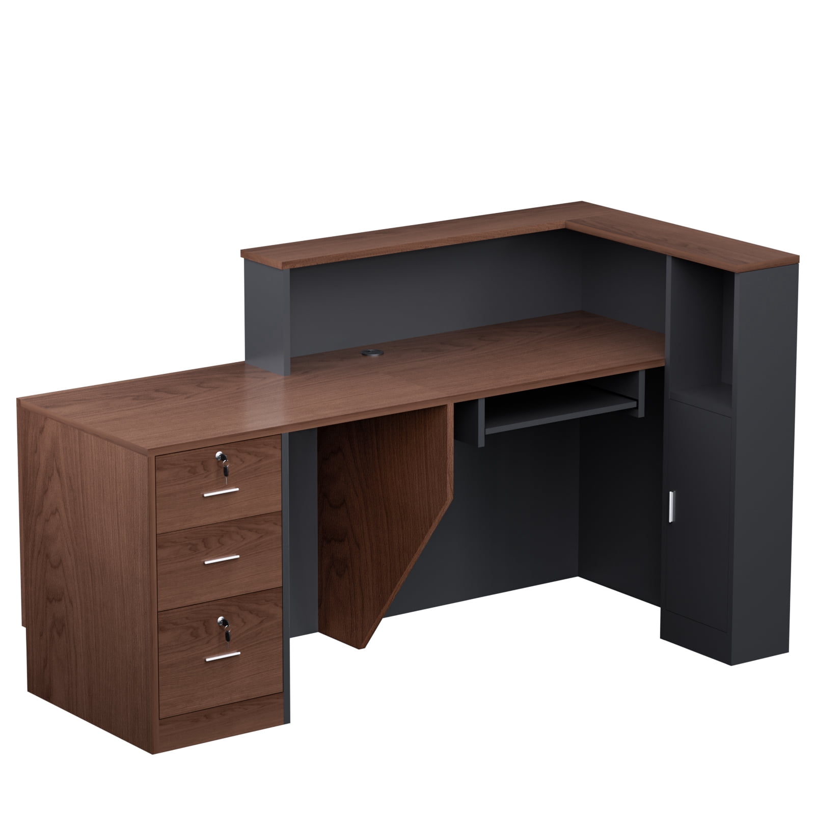 Vakiorn Reception Desk L Shaped Lockable Drawers Keyboard Tray Front Counter Table for Office Salon Lobby Walnut Right 71 inch
