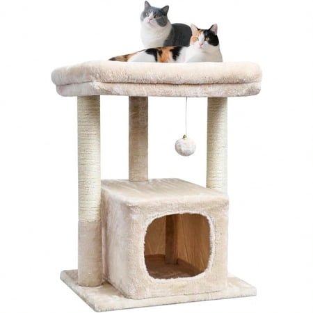 27 Cat Tree for Indoor Cats Activity Tower with Scratching Posts Modern Kitten Condo with Plush Perch Hanging Ball for Play Beige