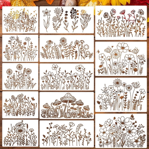14pcs Reusable Flower Stencils for Painting, Wildflower Craft Templates for Wood, Canvas, Fabric and Wall Art, Durable Plastic Floral Stencils for DIY Projects and Creative Gifts