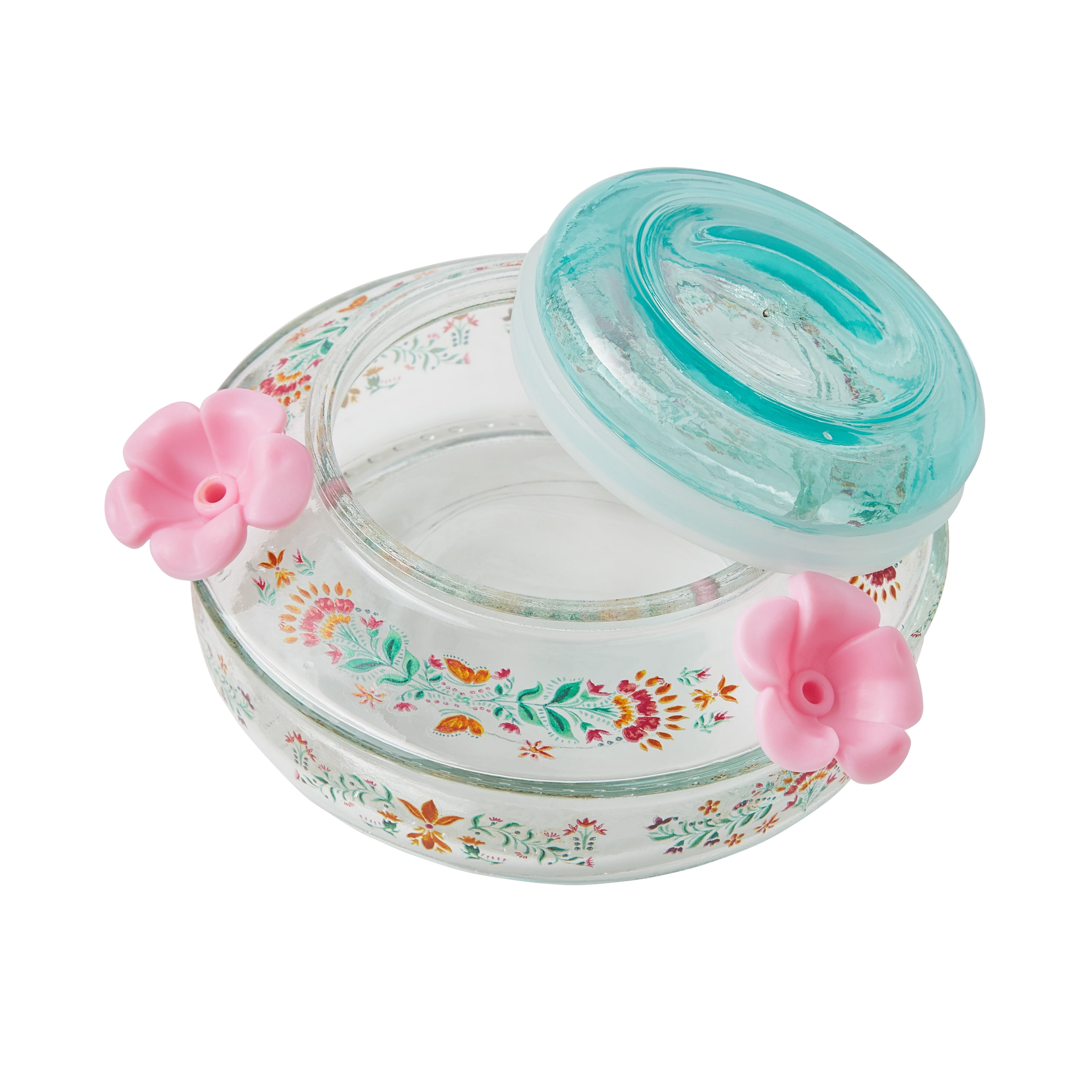 The Pioneer Woman Folk Geo Glass Decorative Top-Fill Hummingbird Feeder 13 oz, Blue Pink