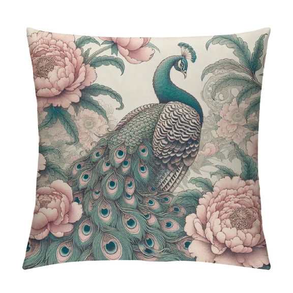 JRXY Spring Throw Pillow Covers Peacock Peony Cute Chinoiserie Flower Plants Nature Brown Washable Comfortable Decorative Sofa Bedroom Couch Square Cushion Covers 12x12in
