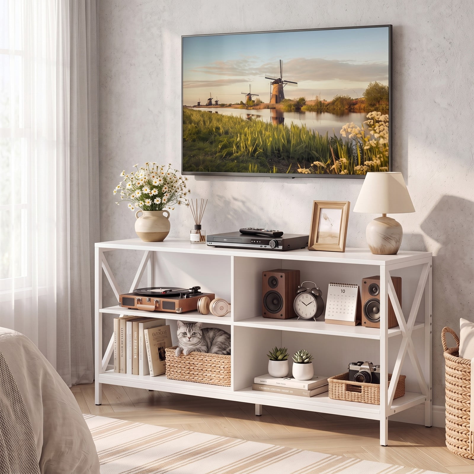 Furnibear Wooden TV Stand Entertainment Center for TVs up to 55 Inch, X-Shaped Metal Frame Media Console with Open Storage Compartments for Living Room, White & Black
