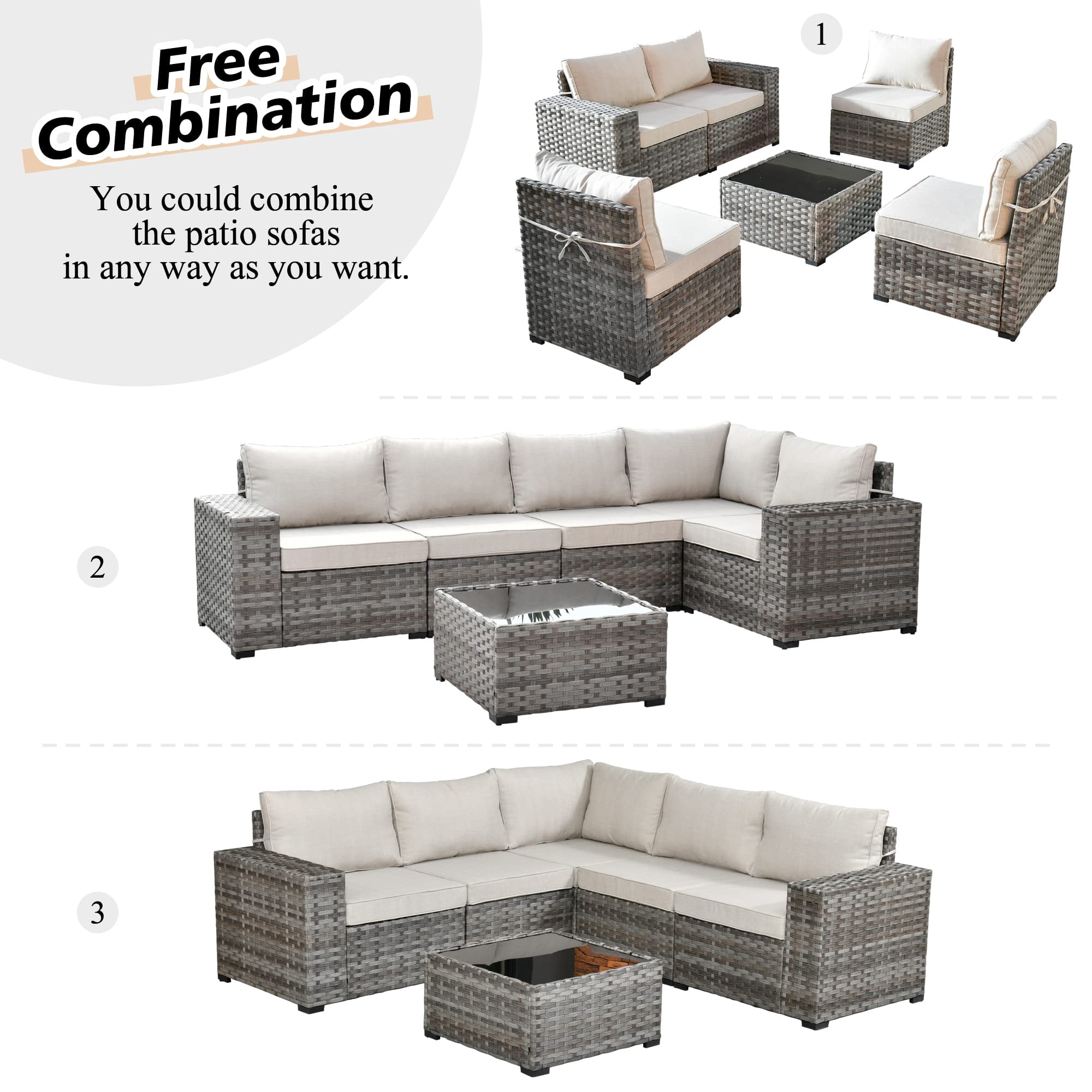 Vcatnet 6 Pieces Patio Furniture Outdoor Sectional Sofa Wicker Conversation Set with Coffee Table for Garden,Poolside,Beige