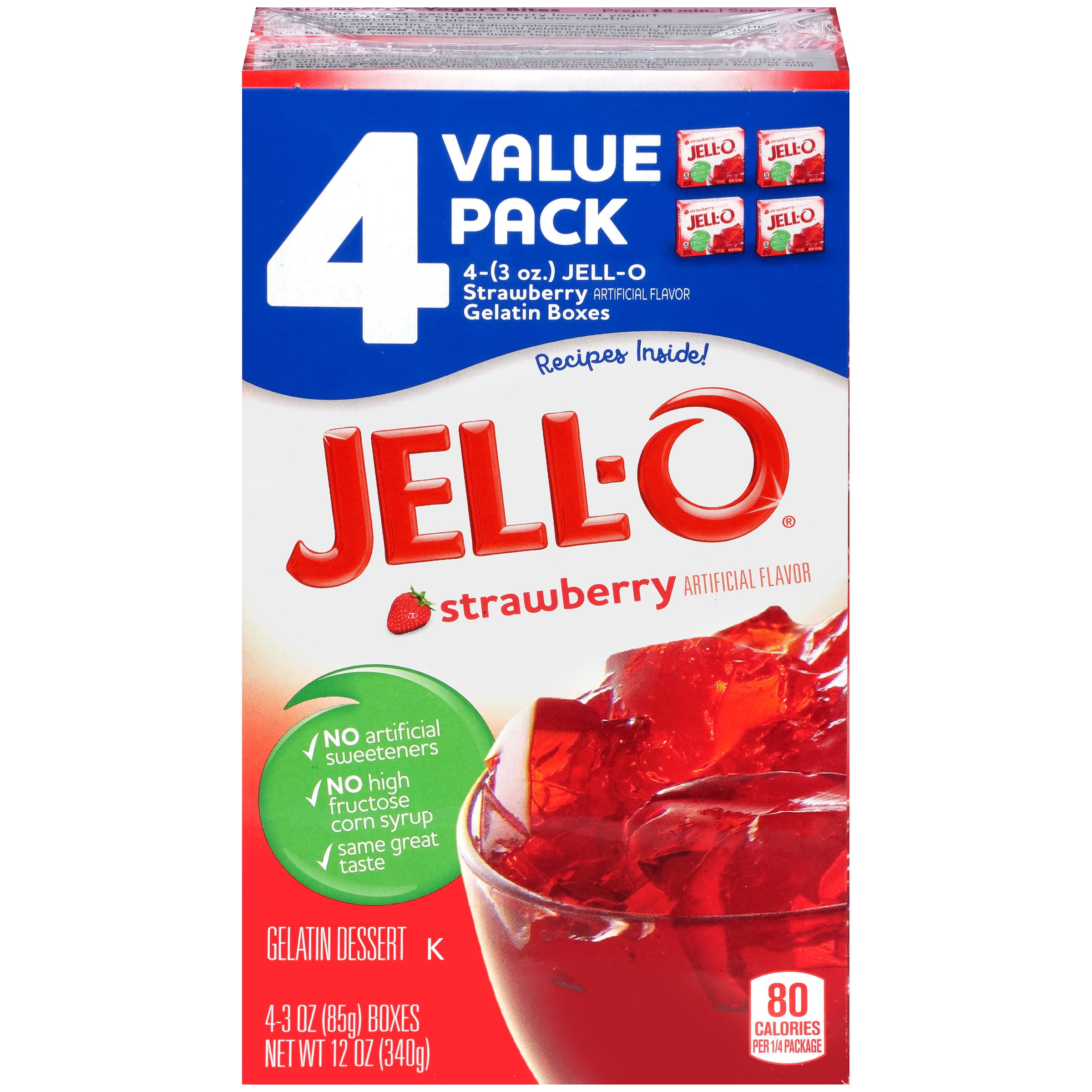 JellO Strawberry Gelatin Dessert Mix Value Pack, 4 ct Pack, 3 oz Boxes