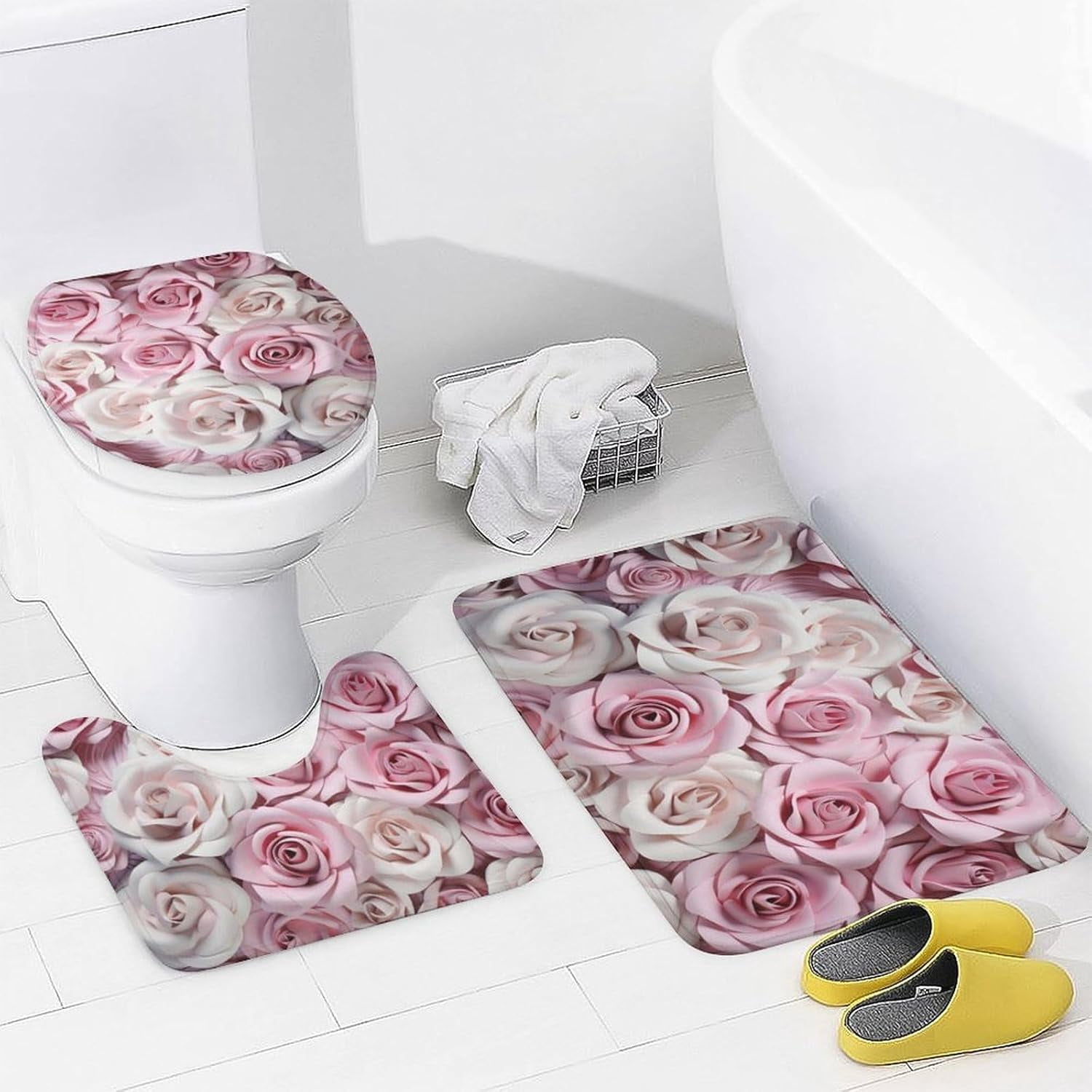 Beautiful Pink Roses Shower Curtain Sets with Rugs Toilet Lid Cover and Bath Mat Colorful Romantic Floral Shower Curtains with 12 Hooks Waterproof 4 Piece Bathroom Decor Set
