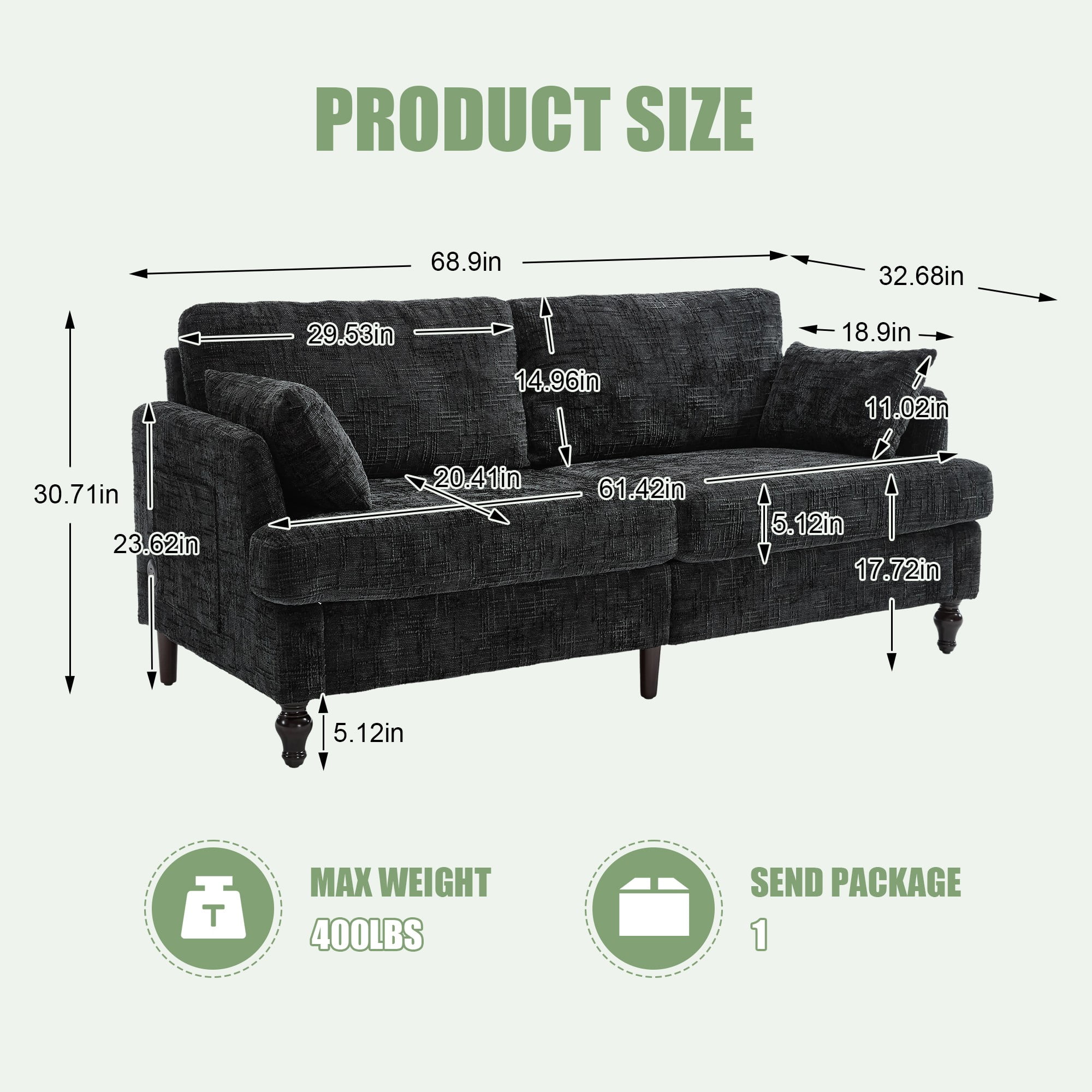 68.9" Sofa Couch,Modern 2 Seater Upholstered Loveseat Sofa Couch with LED Light&USB for Living Room,Bedroom,Black