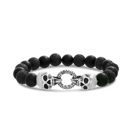 Beaded Lava Men's Bracelet with Circle Clasp and Skull Beads