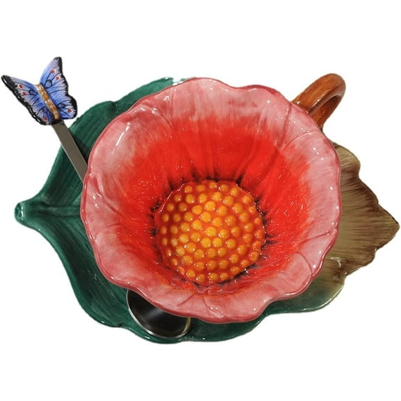 JONJUMP European Flower Ceramic Afternoon Tea Coffee Cup and Saucer Set French Black Tea Cup Dessert Saucer Coffee Spoon E